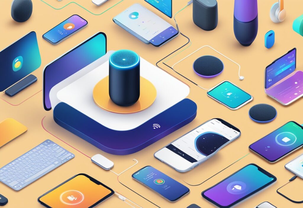 A voice assistant seamlessly integrates with various devices, displaying a brand logo prominently as it optimizes user experience