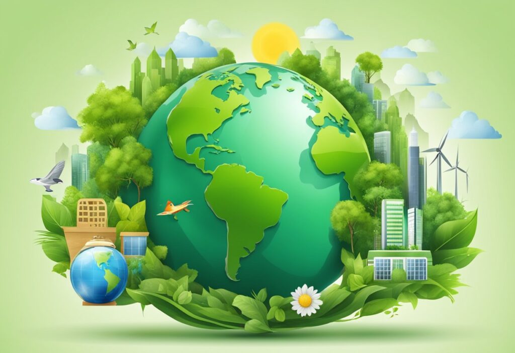 A green globe surrounded by eco-friendly symbols and products