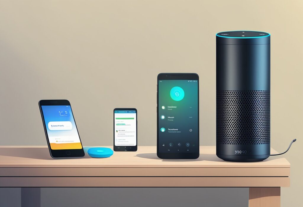 A smart speaker on a table, with a smartphone next to it, displaying voice search results