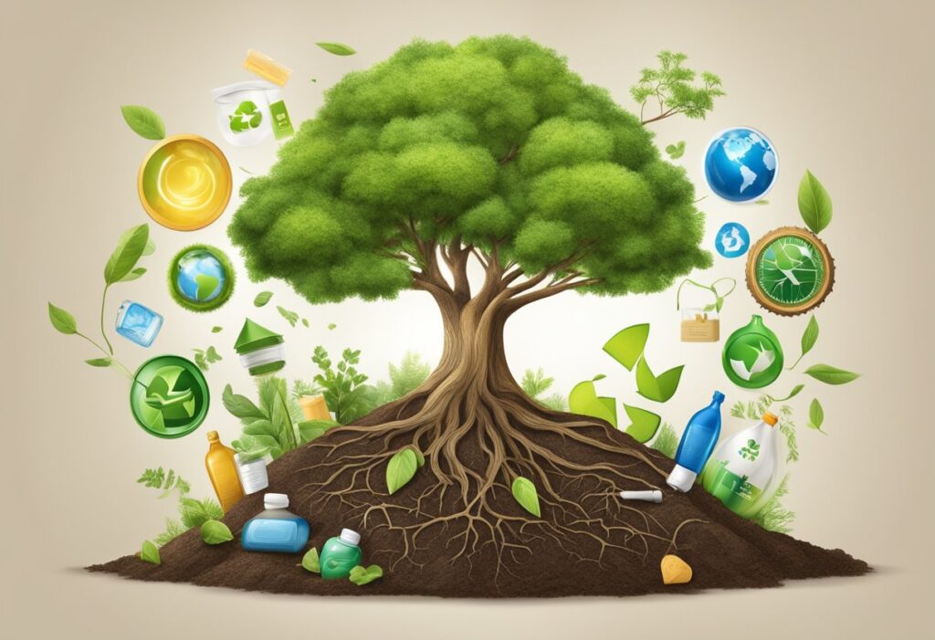 A tree growing from a soil with the roots spreading out, surrounded by various eco-friendly products and symbols of recycling and sustainability
