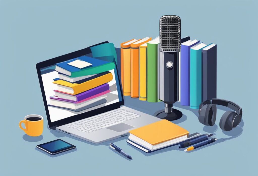 A microphone surrounded by marketing books and a laptop, with a notepad and pen for brainstorming. A logo for the podcast displayed on the laptop screen